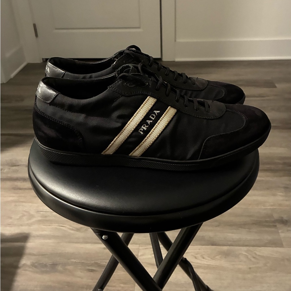 Prada Black Nylon Low-Top Sneakers with Cream Stripe - Picture 3 of 4